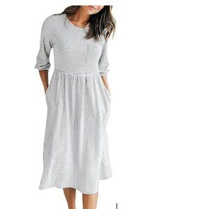 MEROKEETY  3/4 Balloon Sleeve Striped High Waist T Shirt Midi Dress | Size XL